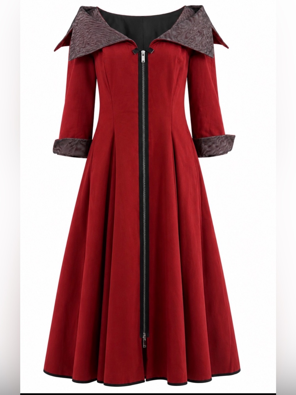 NY 77 Brick Red Cotton Cashmere Zip Front Dress Sz10 Avant Garde Dramatic Collar